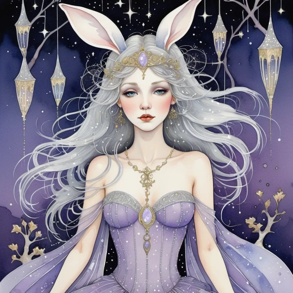 Prompt: Э
Style illustration by Virginia Frances Sterrett.
Fairytale ethereal beauty princess with sparkling hair of silver-gold glitter dust with cute fairy-tale cheerful little bunny, dripping birch sap, constellations on pastel purple sky, silver exquisite threads of cobwebs in the background, shiny silver mesh
art noir, 3d, complex details, 600 dpi
magical, gentle face, watercolor, smooth lines.