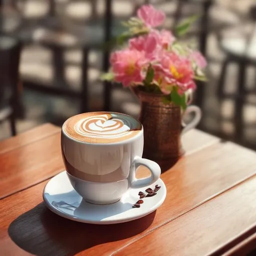 Prompt: Beautiful morning latte in beautiful cup , cozy atmosphere,sun morning, bright colors, realism, details, 800k, ooctane render , watercolors picture