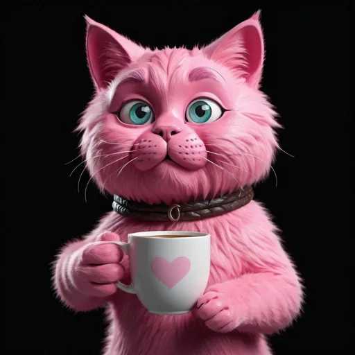 Prompt: (pink cat), holding a cup of coffee in its paws, expressive eyes, standing against a black background, (furry art), (highly detailed), CGII studio quality, (3D render), playful ambiance, vibrant colors, cozy atmosphere, glossy textures, ultra-detailed, cinematic composition, stylized expression, soft lighting effects.