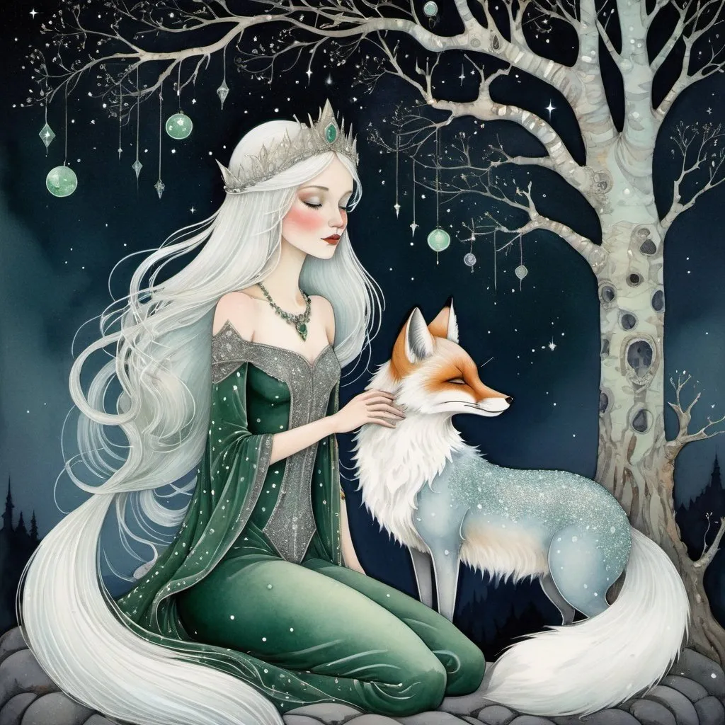 Prompt: 
Illustration style by Virginia Frances Sterrett.
Fairytale princess with sparkling white hair with a cute little fox, dripping birch sap, constellations in the emerald sky, silver thin threads, glitter mesh
art noir, 3d, intricate details, 600 dpi
magical, gentle face, watercolor, smooth lines.