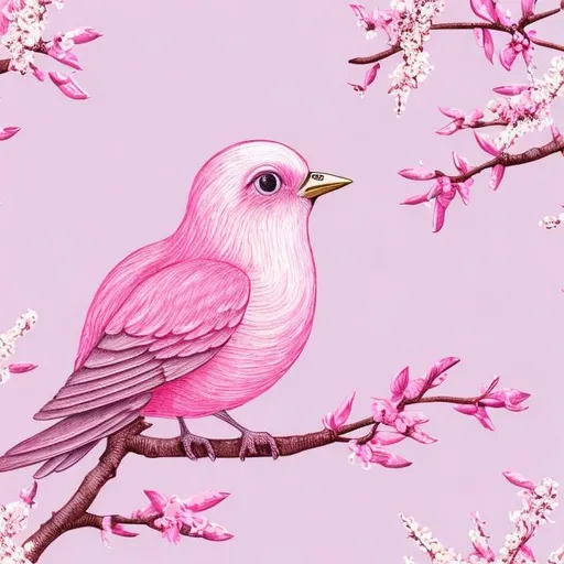 Prompt: children's naive drawing of a bird on a lilac-pink tree, beautiful ornaments, gradient pink-Tiffany background, simple dry colored pencils, cute, detailed, high quality, spring feeling, naive drawing, ornate tree, pastel colors, detailed feathers, springtime, artistic, adorable, cute details, textured paper, charming, sweet, gradient background, simple art style