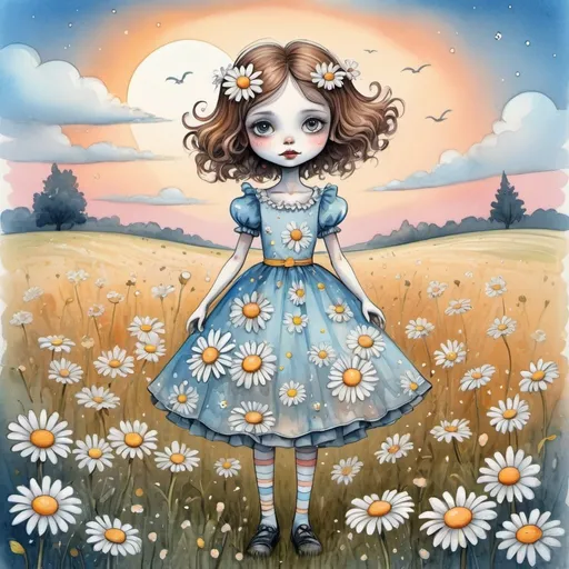 Prompt: 
a cartoon daisy girl in a wonderful dress in the style of Tim Burton stands in the middle of a field with daisies, sweet mood, bright beautiful sky, evening.
picture for a children's story

naive children's drawing, volumetric watercolor, pencils, grotesque.
primitive
Stroke with gold glitter gel pen
fantastic art
colors, white, pastel blue, pastel peach
