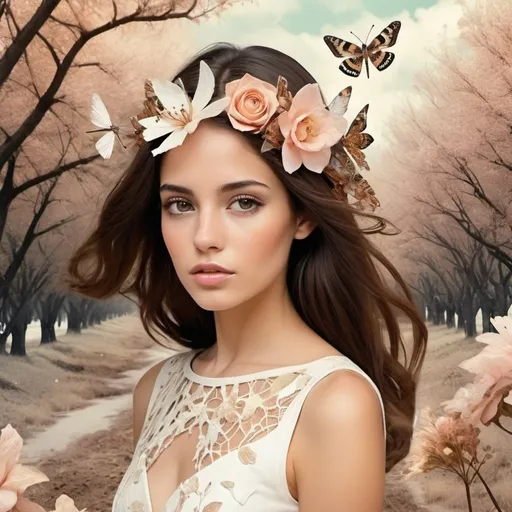 Prompt: 
Rocio Montoya style
very beautiful stylish young woman with brown hair shown in the photo who is organically involved in art and fashion
surrealism and experiment
sunny
unusual
humanly
a delicate combination of nature and man
collage technique
an intricacy of flowers, trees, dragonflies, wind, fire, snow
tiffany color, white, dusty pink