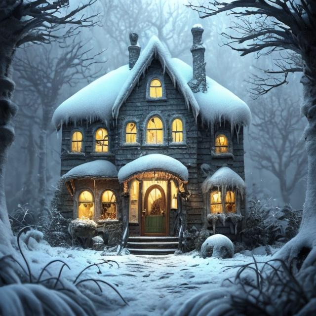 Prompt: Detailed hyper-realistic drawing of a cute house in a snowy forest, Tim Burton style, unknown good creatures, sharp detail, cinematic frame, 800k, 3D perception, fabulous, magical, tender, Tim Burton style, snowy forest, unknown creatures, detailed, hyper-realistic, cinematic, 3D, cute house, magical atmosphere, professional, atmospheric lighting