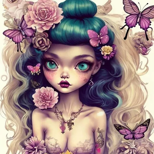 Prompt: 
caia koopman
a yang beautiful woman with light hair drawn with colored pencils and wet ink in a dress consisting of butterflies, flowers, curls, ornaments holds a small lemur in her arms,
plain beige craquelure background
qualitatively
stylish
Purple, pink, dark green colors 