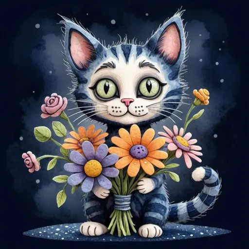 Prompt: 



funny cartoon cat with a bouquet of unknown beautiful flowers in the style of Tim Burton in a mixed style volumetric watercolor, ink + felting effect of wool felting
super-detailed image, photorealism, sketching effect
interesting 3d doodling dusty navy background spring
interspersed with glitter crumbs
600 dpi