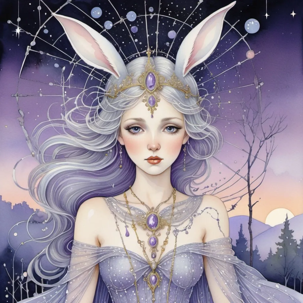 Prompt: Э
Style illustration by Virginia Frances Sterrett.
Fairytale ethereal beauty princess with sparkling hair of silver-gold glitter dust with cute fairy-tale cheerful little bunny, dripping birch sap, constellations on pastel purple sky, silver exquisite threads of cobwebs in the background, shiny silver mesh
art noir, 3d, complex details, 600 dpi
magical, gentle face, watercolor, smooth lines.