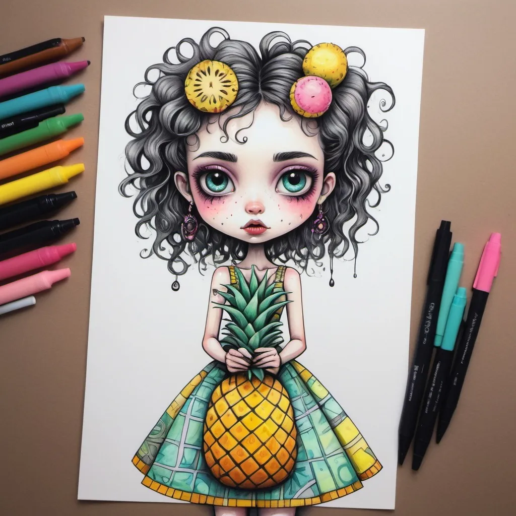 Prompt: 
cute girl with pineapples in the style of Tim Burton in a dress with a pineapple pattern
painting with pastels, felt-tip pens and wet ink
in detail
colorful
don't take your eyes off