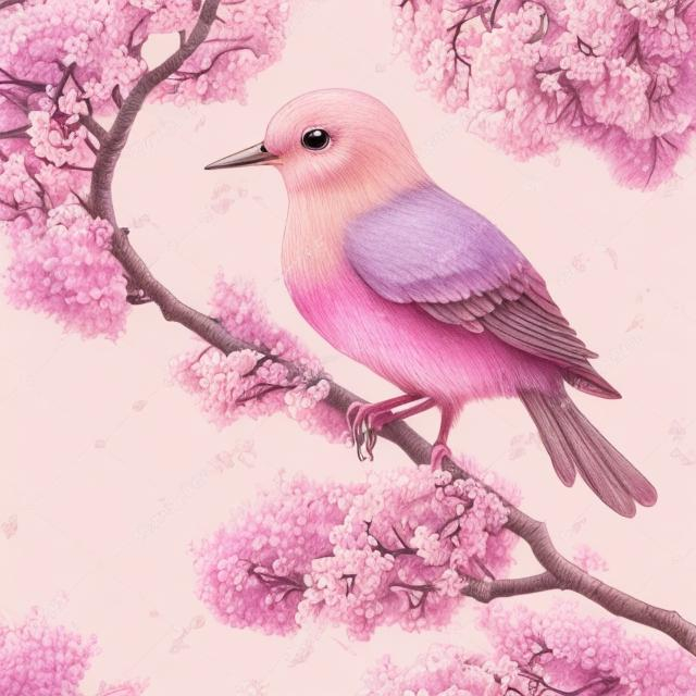Prompt: children's drawing of a bird on a tree of lilac-pink color with beautiful ornaments on a gradient pink-Tiffany background. drawing with simple dry colored pencils. cute, detailed, high quality. feeling of spring.