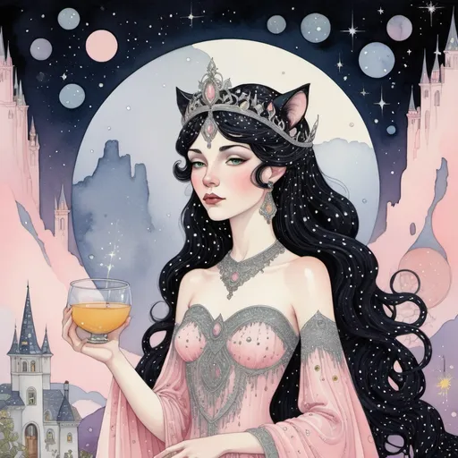 Prompt: 
Illustration style by Virginia Frances Sterrett.
Fairytale princess with sparkling dark hair with a cute panther, dripping linden juice, constellations on a pastel pink sky, silver thin threads, glitter mesh
art noir, 3d, intricate details, 600 dpi
magical, gentle face, watercolor, smooth lines.