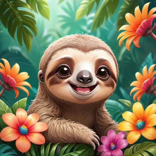 Prompt: photo of an adorable chibified sloth smiling widely serenely and happy among huge bright tropical flowers, CGSociety character design, high quality digital illustration, bright background joyful with colorful flowers, 800k resolution, fantasy, hyper depth of frame
highly detailed computer graphics
close-up
digital graphics
full HD