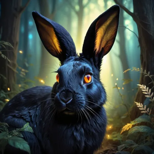 Prompt: Fantasy-style illustration of a black rabbit, mystical aura, enchanted forest setting, glowing golden eyes, lush and vibrant colors, detailed fur with magical glimmers, ethereal and mysterious vibe, high quality, fantasy, mystical, detailed fur, vibrant colors, enchanted forest, golden eyes, mystical aura, ethereal, magical glimmers, atmospheric lighting