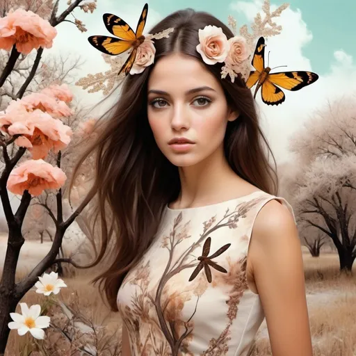 Prompt: 
Rocio Montoya style
very beautiful stylish young woman with brown hair shown in the photo who is organically involved in art and fashion
surrealism and experiment
sunny
unusual
humanly
a delicate combination of nature and man
collage technique
an intricacy of flowers, trees, dragonflies, wind, fire, snow
tiffany color, white, dusty pink