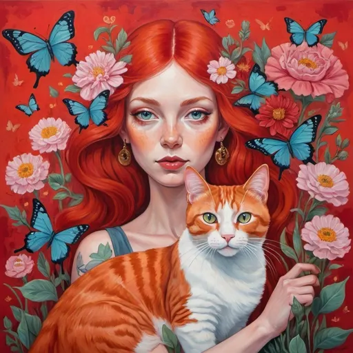 Prompt: a painting of a woman with red hair and a cat in front of flowers and butterflies, with a red background, Art & Language, pop surrealism, whimsical, a fine art painting