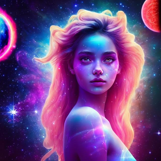 Prompt: 💫💫💫



Cosmic unearthly beauty girl against the backdrop of a glowing neon solar system.
beautiful, perfect body, perfect glowing skin.
800k, Full HD,
close-up.
background space, nebula, microstars, sparkles, miniplanets
perfect eyes and beautiful eyes
gorgeous hair turns into nebula
ultra-high detail