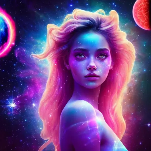 Prompt: 💫💫💫



Cosmic unearthly beauty girl against the backdrop of a glowing neon solar system.
beautiful, perfect body, perfect glowing skin.
800k, Full HD,
close-up.
background space, nebula, microstars, sparkles, miniplanets
perfect eyes and beautiful eyes
gorgeous hair turns into nebula
ultra-high detail