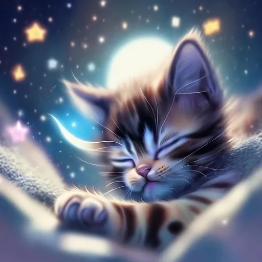 Prompt: Very cute kitten sleeping on the moon
Space, many beautiful colorfully stars, very cozy atmosphere 
Details 
800k