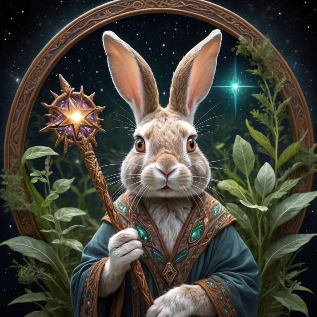 Prompt: 
Druid rabbit with a beautiful staff, dreamy, with star and cosmic motifs, story book style, greenery
very detailed and high quality
photorealism
hyperrealism
digital painting
detailed drawing of fur
different colored eyes
700 dpi
beautiful framing
still from the film
octane render
dark botanical
beautiful combination of colors in the frame
mysterious and magical