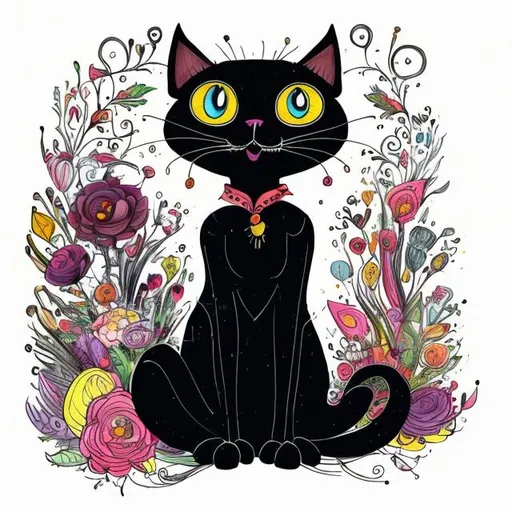 Prompt: 
a funny, square, anthropomorphic awkward full-length black cat in the beautiful dress on thin legs in the style of Tim Burton, surrounded by beautiful flowers. drawing in the style of a very bright colorful anti-stress coloring book, high quality
