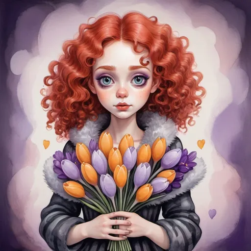 Prompt: a cute girl with red hair with curls and now a fur coat is holding a bouquet of crocuses in the style of Tim Burton
Painting with pastels, felt-tip pens and wet paints
detailed
colorful
pastel colors paintings
white, soft beige, smoky lilac
don't take your eyes off