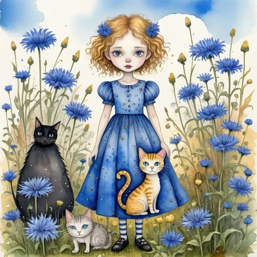 Prompt: 
a cartoon cornflower girl in a wonderful dress in the style of Tim Burton stands in the middle of a garden with cornflowers and a cat, sweet mood, bright beautiful sky.
picture for a children's story

naive children's drawing, convex volumetric watercolor, pencils, grotesque.
primitive
Stroke with gold glitter gel pen
fantastic art
gold leaf inclusions