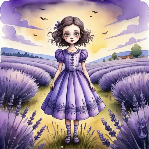 Prompt: a cartoon lavender girl in a wonderful dress in the style of Tim Burton is standing in a field of lavender, a sweet mood, a bright beautiful sky, it’s getting dark.
picture for a children's story

naive children's drawing, volumetric watercolor, pencils, grotesque.
primitive
outlining with gold gel pen
fantastic art