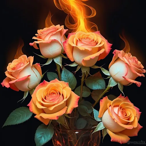 Prompt: Digital fire
painting:
gorgeous bouquet of roses from a fractal of flame and fire 🔥, radiance
fantasy aesthetics
hdr ultra