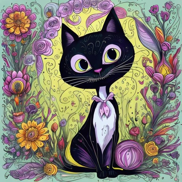 Prompt: 
a funny, square, anthropomorphic awkward full-length black cat wearing in the beautiful dress on thin legs in the style of Tim Burton, surrounded by beautiful flowers. drawing in the style of a very bright colorful anti-stress coloring book, high quality, background snow