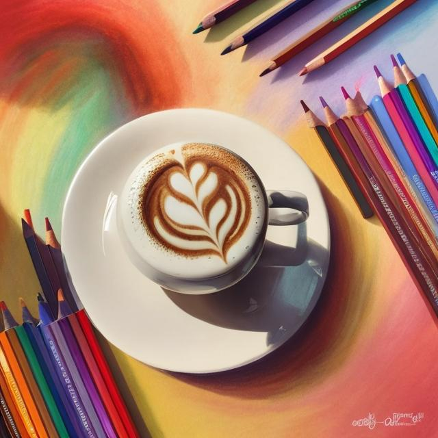 Prompt: Beautiful morning latte , cozy atmosphere, sun morning, picture painting with colorful pencils, bright colors, realism, details, 800k, ooctane render 