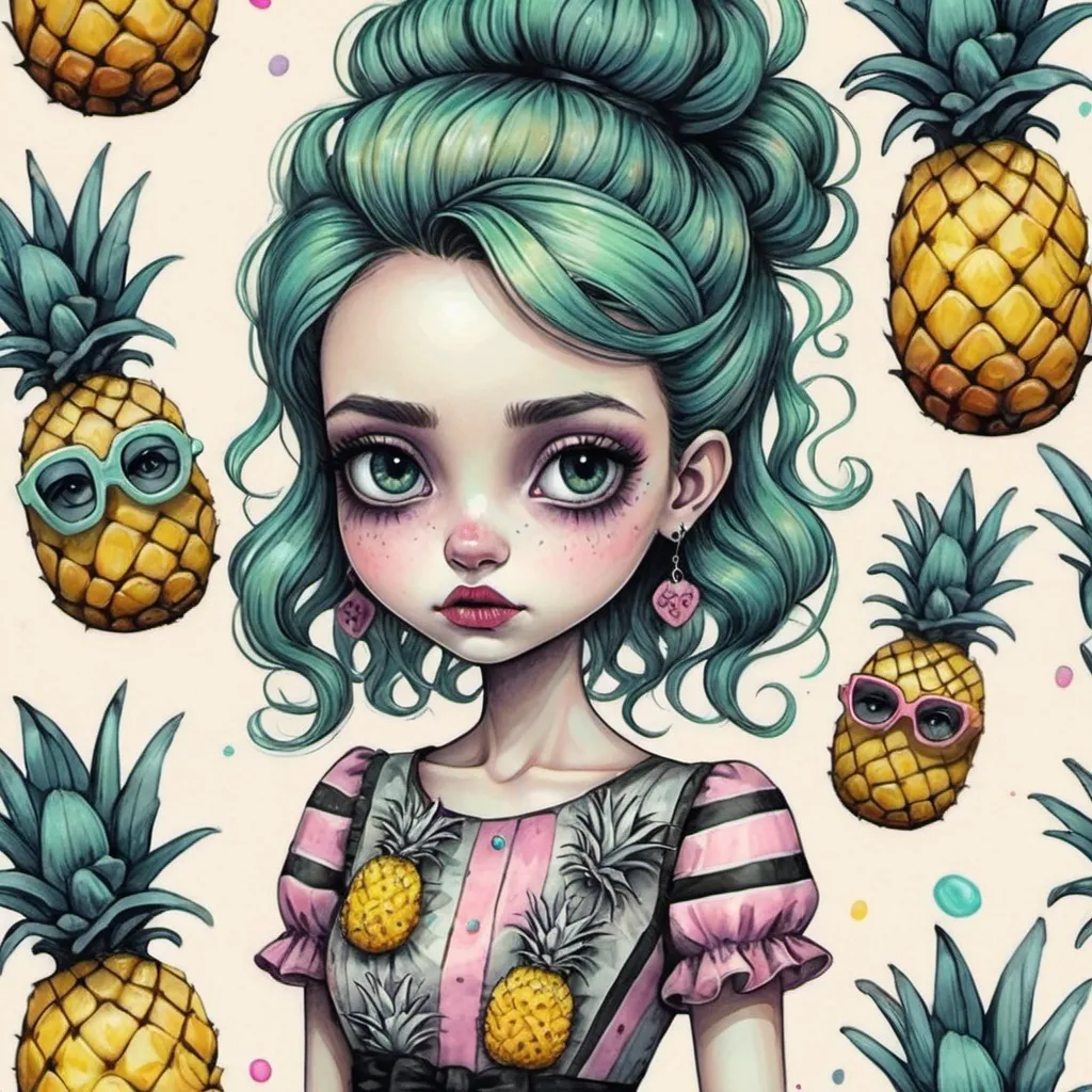 Prompt: 
cute girl with pineapples in the style of Tim Burton in a dress with a pineapple pattern
painting with pastels, felt-tip pens and wet ink
in detail
colorful
don't take your eyes off