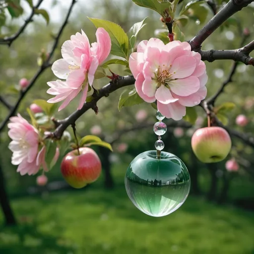 Prompt: a beautiful thin, ornately curved branch of a blooming apple tree, close-up from the side of the frame, large flowers and a huge glass crystal clear apple hanging on the branch, inside of which is a blooming apple tree branch.
dark green navi garden background
very clear high-quality photo, focus on the apple, water drops, highest resolution
colors pastel pink, emerald green