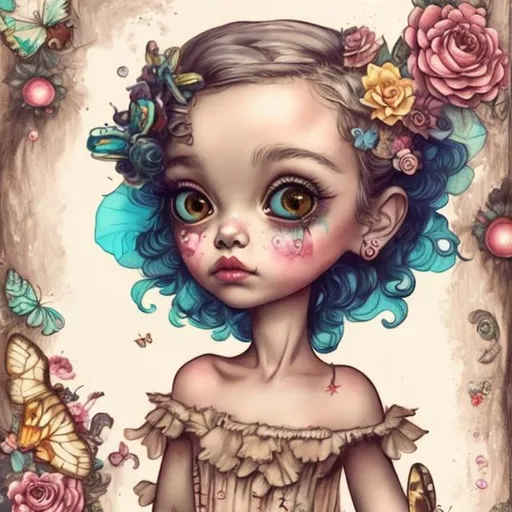 Prompt: 
caia koopman
a girl drawn with colored pencils and wet ink in a dress consisting of butterflies, flowers, curls, ornaments holds a small lemur in her arms,
plain beige craquelure background
qualitatively
stylish