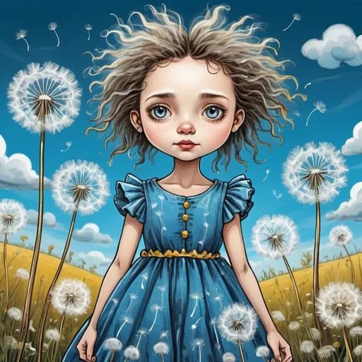 Prompt: 
cartoon dandelion girl in a wonderful dress in the style of Tim Burton is standing in a field with white fluffy dandelions, cute mood, bright blue sky with fancy clouds
picture for a children's story

naive children's drawing with pencils
primitive
outlining with gold gel pen
fantastic art