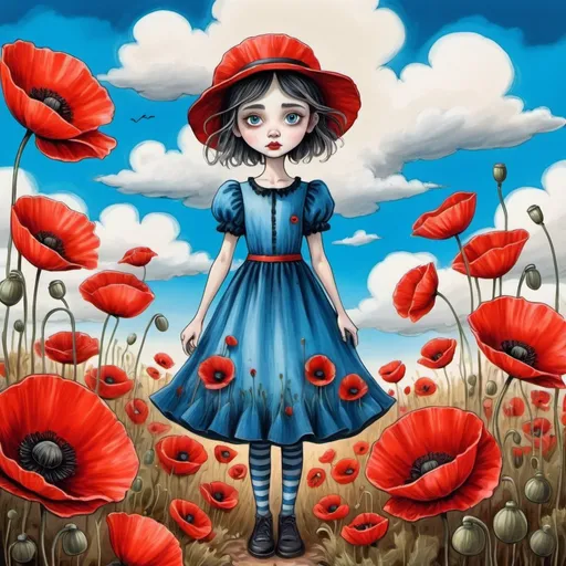 Prompt: 
cartoon poppy girl in a wonderful dress in the style of Tim Burton stands in the middle of a field with huge scarlet poppies, sweet mood, bright blue sky with fancy clouds
picture for a children's story

naive children's drawing with pencils
primitive
outlining with gold gel pen
fantastic art