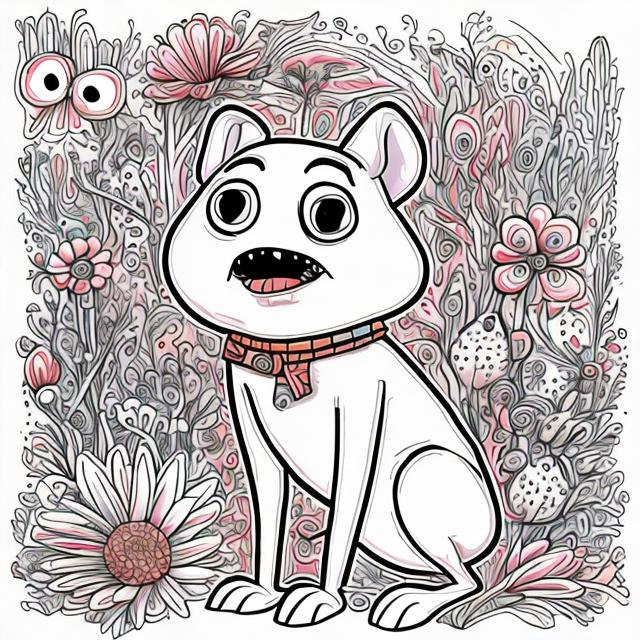 Prompt: a funny, square, anthropomorphic awkward full-length dog on thin legs in the style of Tim Burton, surrounded by beautiful flowers and trees. drawing in the style of a very bright colorful anti-stress coloring book, high quality, 800k