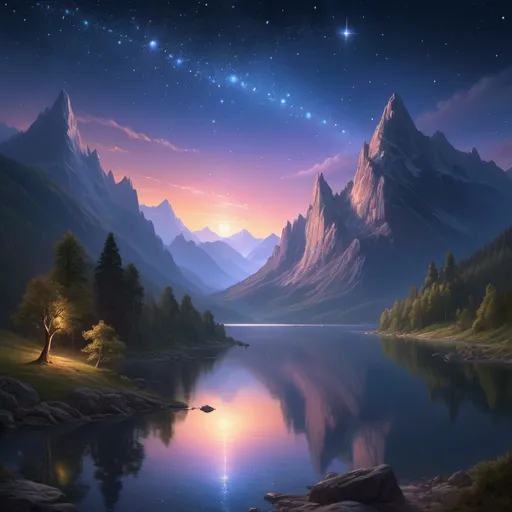 Prompt: a mountain with a lake and stars in the sky above it, and a lake below it, with a mountain in the background, Christophe Vacher, fantasy art, mountains, a detailed matte painting