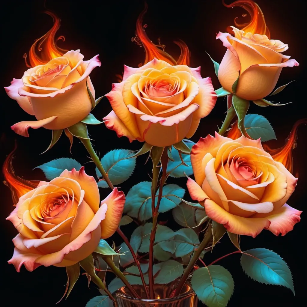 Prompt: Digital fire
painting:
gorgeous bouquet of roses from a fractal of flame and fire 🔥, radiance
fantasy aesthetics
hdr ultra