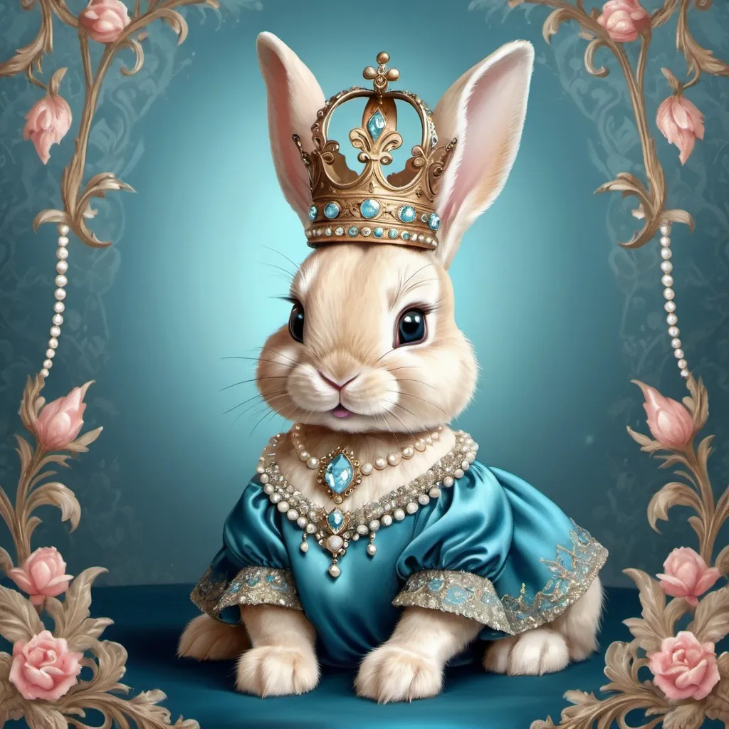 Prompt: 
beautiful cute baby rabbit, like a little princess, in a chic velvet dress, brocade, satin, silk, richly and very detailed decoration, with ornaments.
On the head is a crown with diamonds and pearls, and on the neck is a necklace made of precious stones.
The background is expensive, rich and stylish.
fine drawing of fur
pastel colors blue, tiffany, pink
600 dpi
1000 thousand