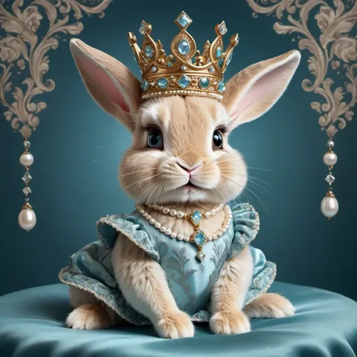 Prompt: 
beautiful cute baby rabbit, like a little princess, in a chic velvet dress, brocade, satin, silk, richly and very detailed decoration, with ornaments.
On the head is a crown with diamonds and pearls, and on the neck is a necklace made of precious stones.
The background is expensive, rich and stylish.
fine drawing of fur
pastel colors blue, tiffany, pink
600 dpi
1000 thousand