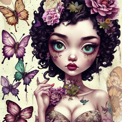 Prompt: 
caia koopman
a yang beautiful woman drawn with colored pencils and wet ink in a dress consisting of butterflies, flowers, curls, ornaments holds a small lemur in her arms,
plain beige craquelure background
qualitatively
stylish
Purple, pink, dark green colors 