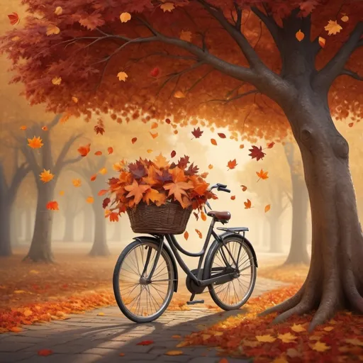 Prompt: (bicycle with a basket of autumn leaves), (surrealism style), (still life), an iconic tree with vibrant fall foliage, softly falling autumn leaves creating a dreamy atmosphere, rich orange and red hues, playful shadows casting gentle designs, warm and inviting ambiance, intricate details in the leaves, 4K ultra-detailed, echoes of folk art influences, evoking a nostalgic feeling.