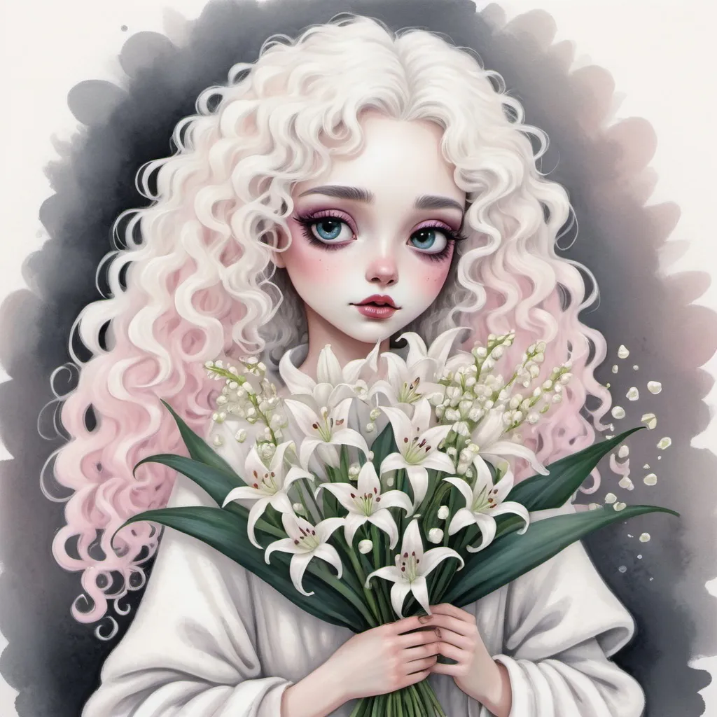 Prompt: 
cute girl with white curly hair and a white fur coat holds in her hands a bouquet of white lilies of the valley in the style of Tim Burton
painting with pastels, felt-tip pens and wet ink
in detail
colorful
pastel colors paintings
white, soft beige, smoky pink
don't take your eyes off