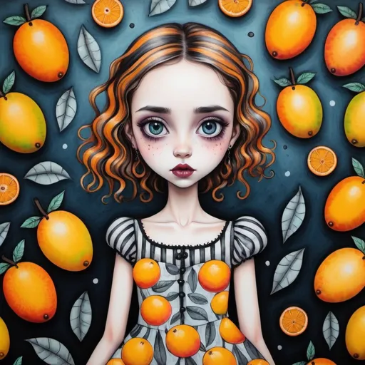 Prompt: 
cute girl with mangoes  in the style of Tim Burton in a dress with a mango and oranges pattern
painting with pastels, felt-tip pens and wet ink
in detail
colorful
don't take your eyes off