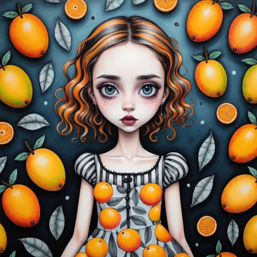 Prompt: 
cute girl with mangoes  in the style of Tim Burton in a dress with a mango and oranges pattern
painting with pastels, felt-tip pens and wet ink
in detail
colorful
don't take your eyes off