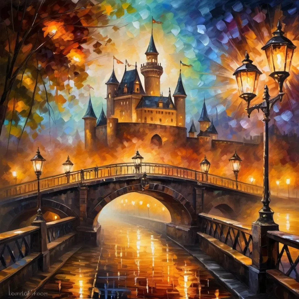Prompt: 
Beautiful bridge in steampunk style, lanterns, glow, very atmospheric, the castle is visible in the background, detailed matte bokeh painting, dynamic lighting and the use of a palette knife like Leonid Afremov