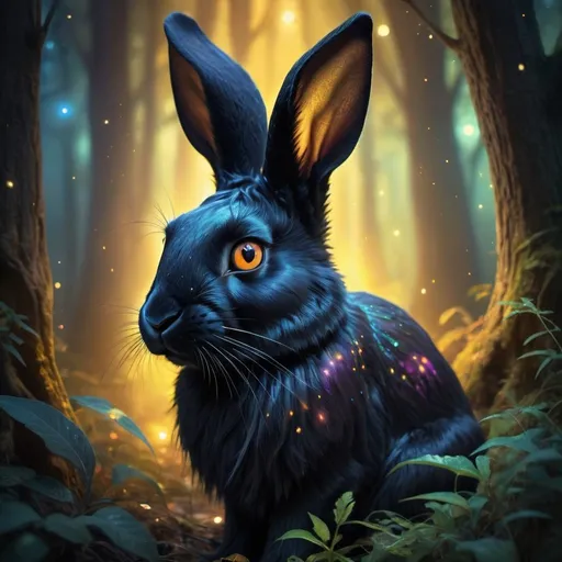 Prompt: Fantasy-style illustration of a black rabbit, mystical aura, enchanted forest setting, glowing golden eyes, lush and vibrant colors, detailed fur with magical glimmers, ethereal and mysterious vibe, high quality, fantasy, mystical, detailed fur, vibrant colors, enchanted forest, golden eyes, mystical aura, ethereal, magical glimmers, atmospheric lighting