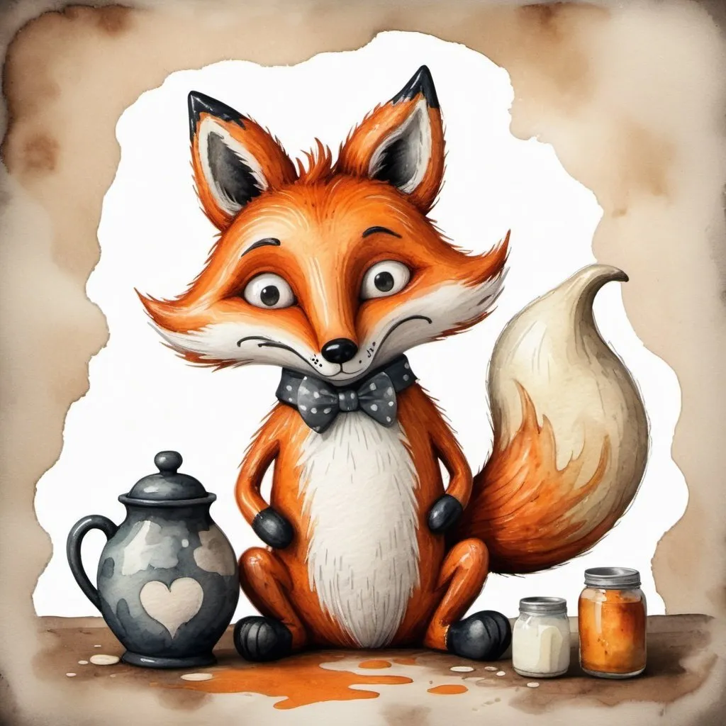 Prompt: 

funny cartoon fox and jug in the style of Tim Burton in a mixed style raised watercolor, grotesque, ink + felting effect wool felting
The fox is at a loss how to get sour cream.
super-detailed image, photorealism, sketching effect
interesting 3d doodling background rustic
600 dpi 