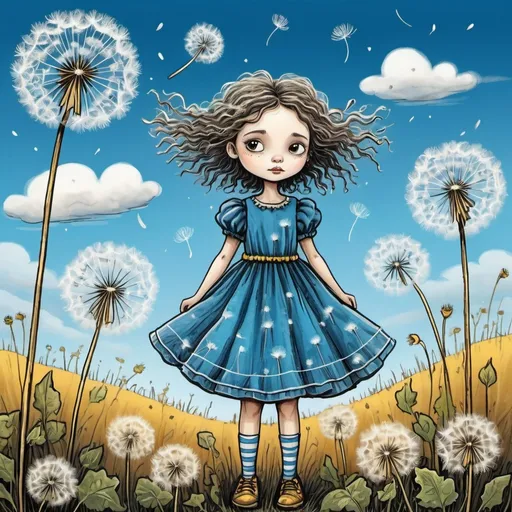 Prompt: 
cartoon dandelion girl in a wonderful dress in the style of Tim Burton is standing in a field with white fluffy dandelions, cute mood, bright blue sky with fancy clouds
picture for a children's story

naive children's drawing with pencils
primitive
outlining with gold gel pen
fantastic art