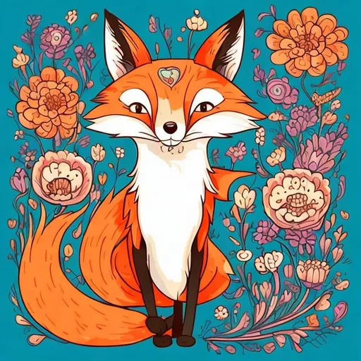 Prompt: 
a funny, square, anthropomorphic awkward full-length  fox in the beautiful dress on thin legs in the style of Tim Burton, surrounded by beautiful flowers. drawing in the style of a very bright colorful anti-stress coloring book, high quality