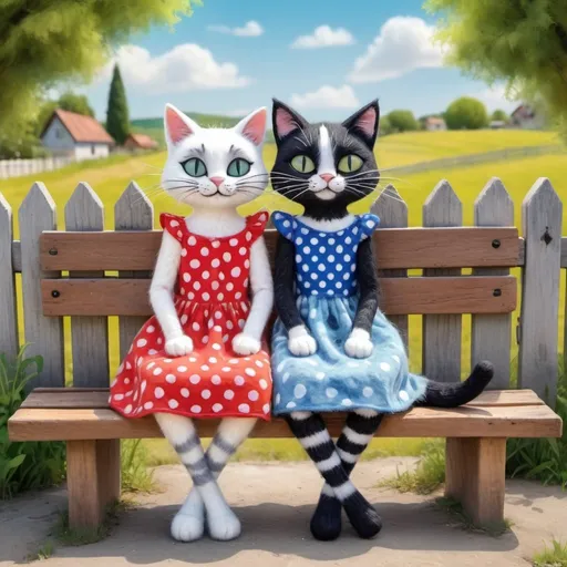 Prompt: 
Funny two cartoon cats in polka dot sundresses near the fence on a bench in the village in the style of Tim Burton in a mixed style of watercolor, ink + felting effect of wool felting sends kisses and love to everyone.
super-detailed image, photorealism, sketching effect
interesting 3d doodling background spring
600 dpi 